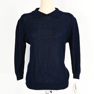 DEADSTOCK -Vintage 80s BRIGHT LIGHTS Dark Blue See-Through Polo Style Sweater-L